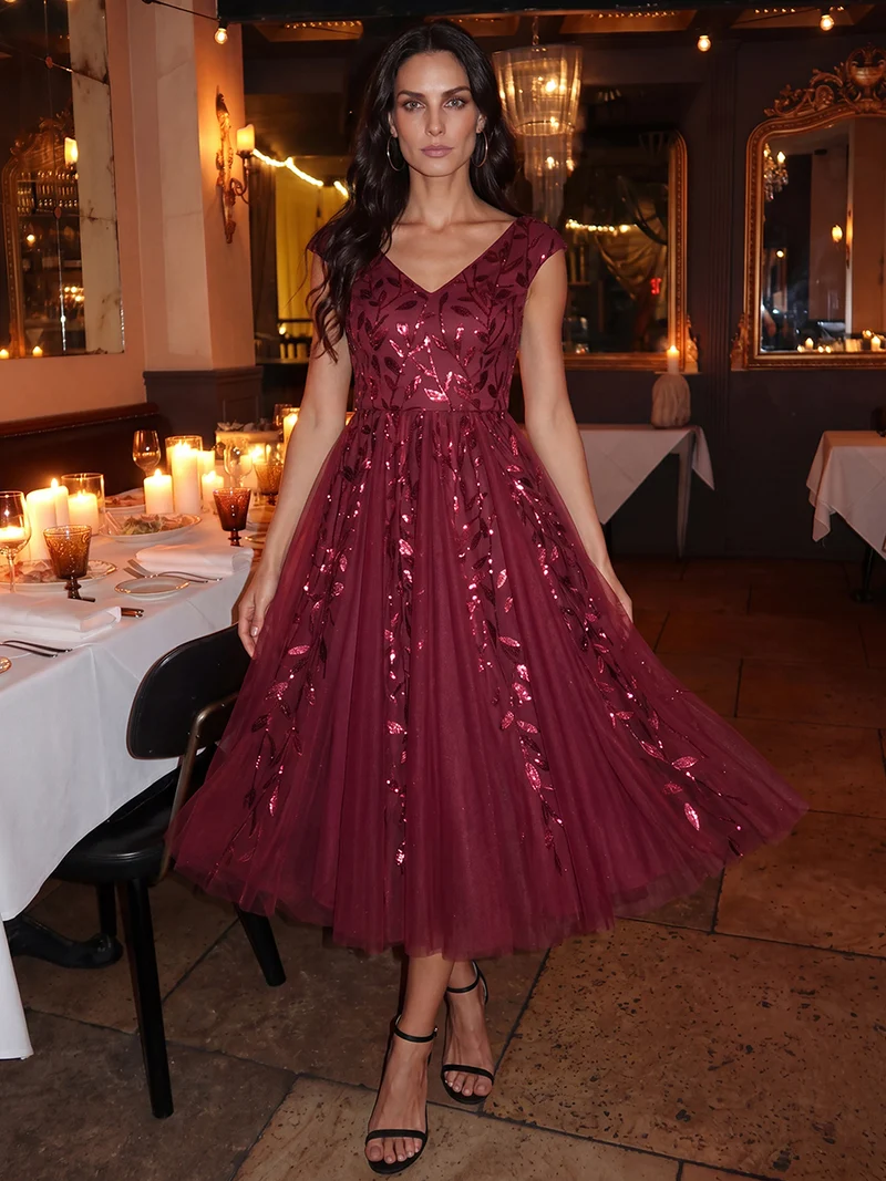Robe midi sans manches col en V à sequins et coupe évasée