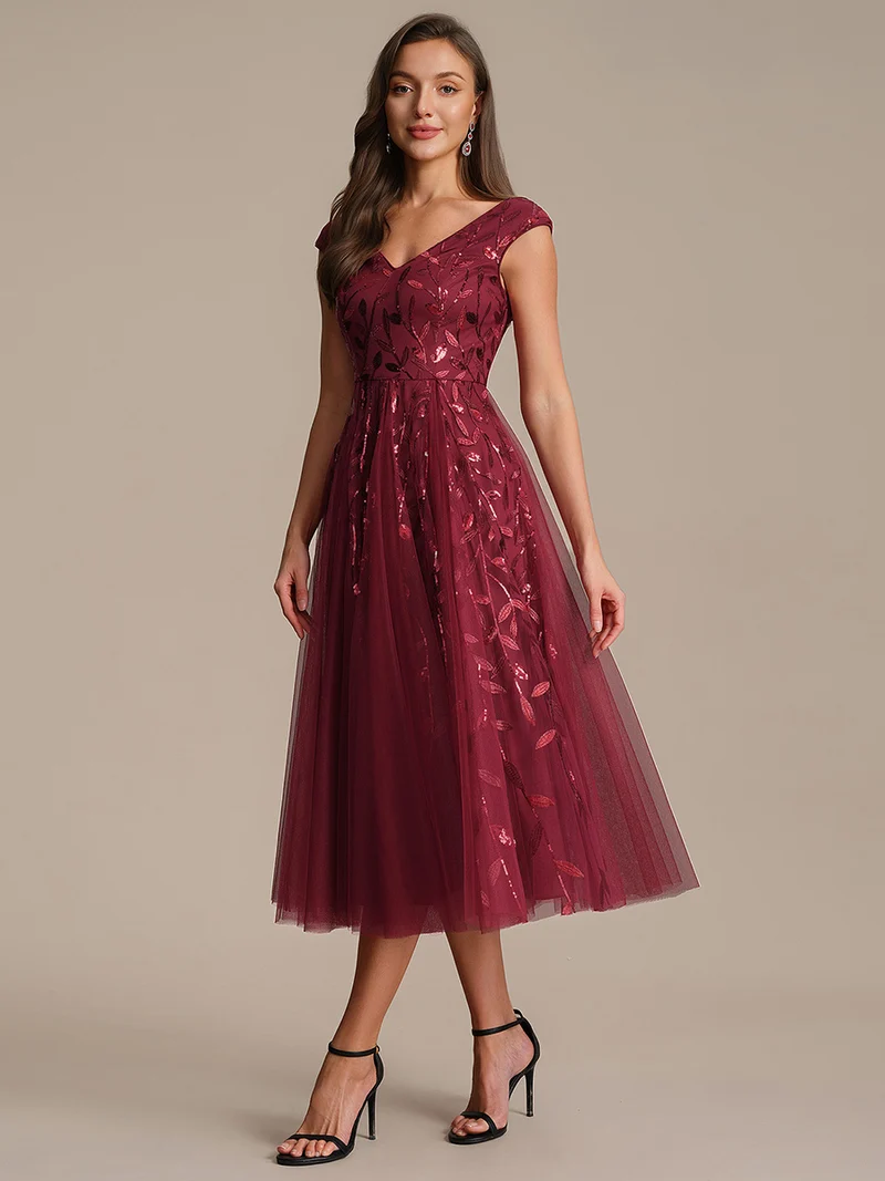 Robe midi sans manches col en V à sequins et coupe évasée