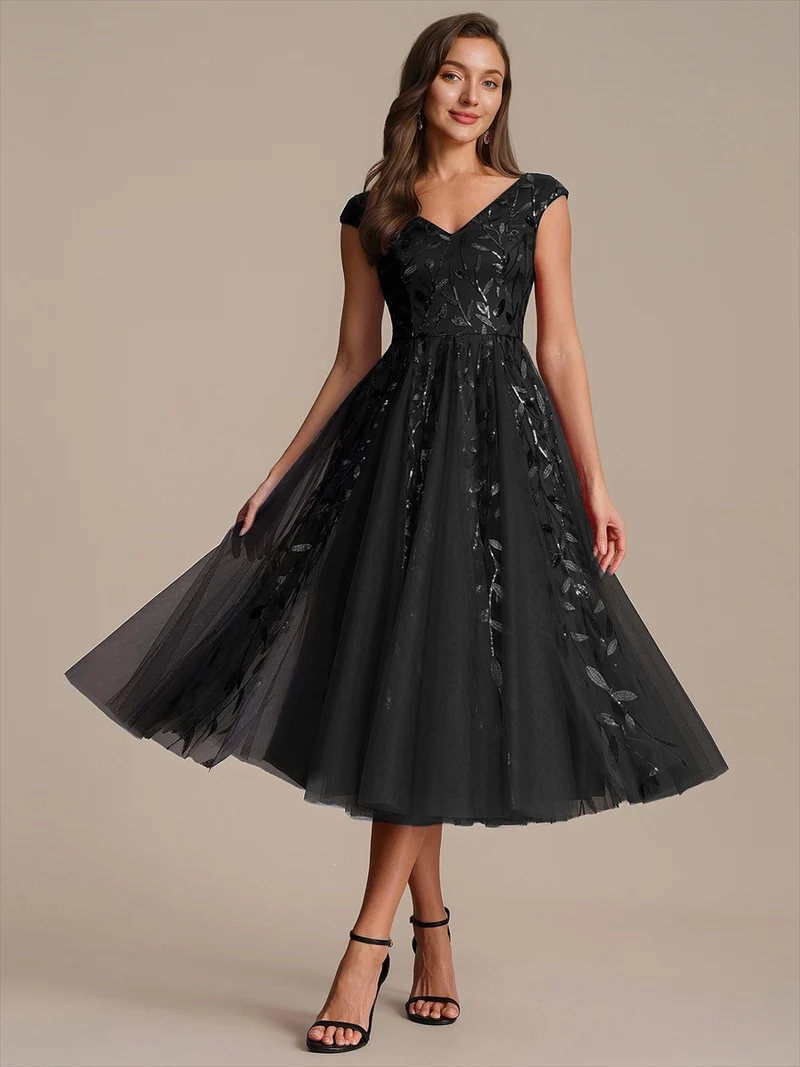 Robe midi sans manches col en V à sequins et coupe évasée
