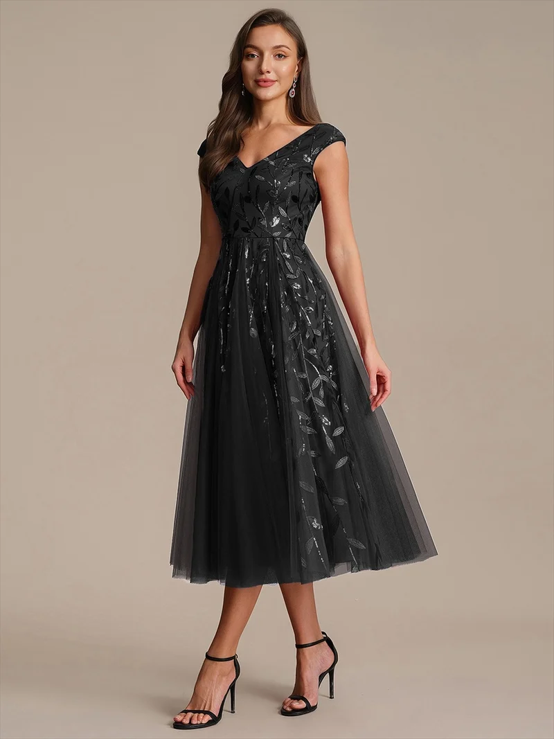 Robe midi sans manches col en V à sequins et coupe évasée