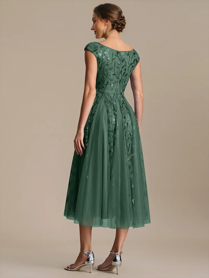 Robe midi sans manches col en V à sequins et coupe évasée