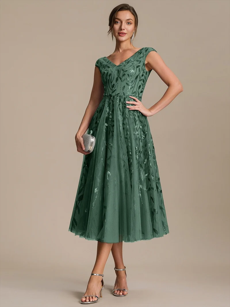 Robe midi sans manches col en V à sequins et coupe évasée