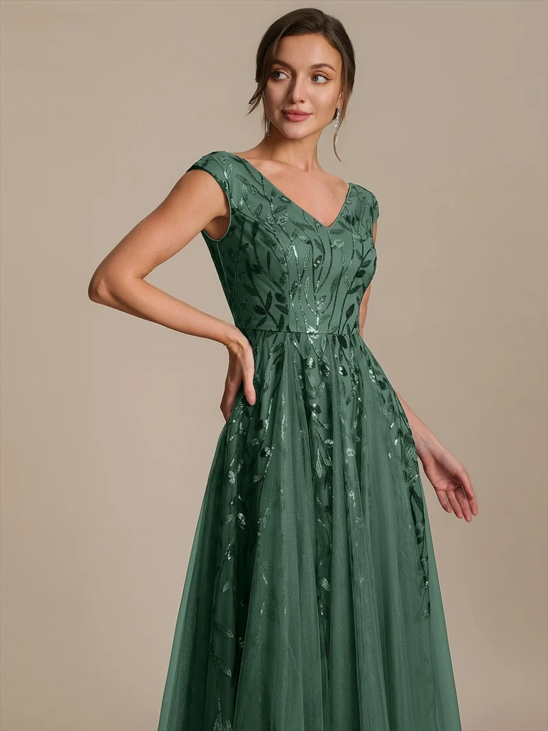 Robe midi sans manches col en V à sequins et coupe évasée