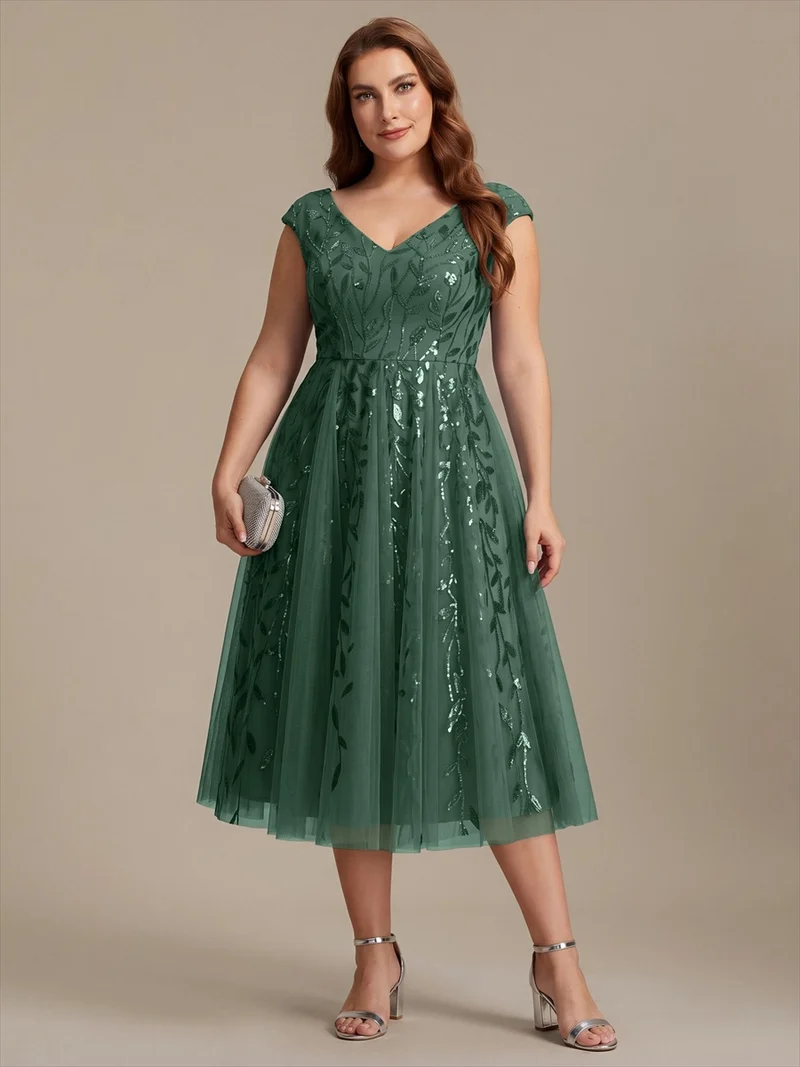 Robe midi sans manches col en V à sequins et coupe évasée