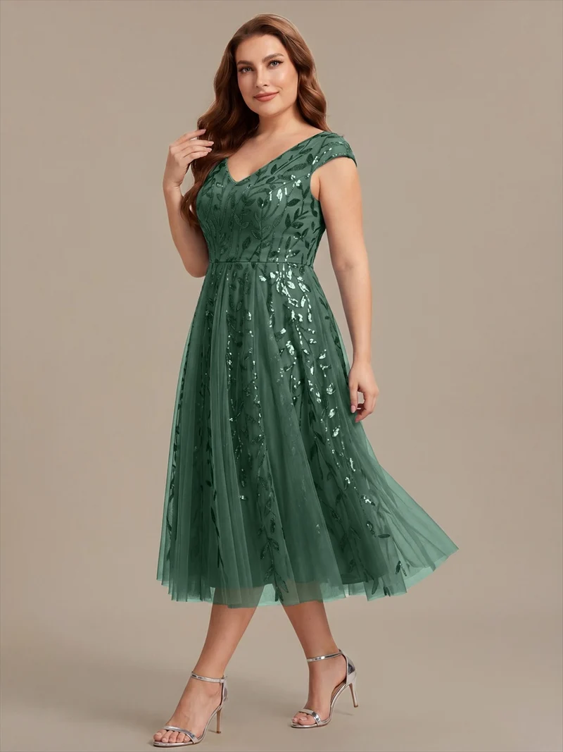 Robe midi sans manches col en V à sequins et coupe évasée