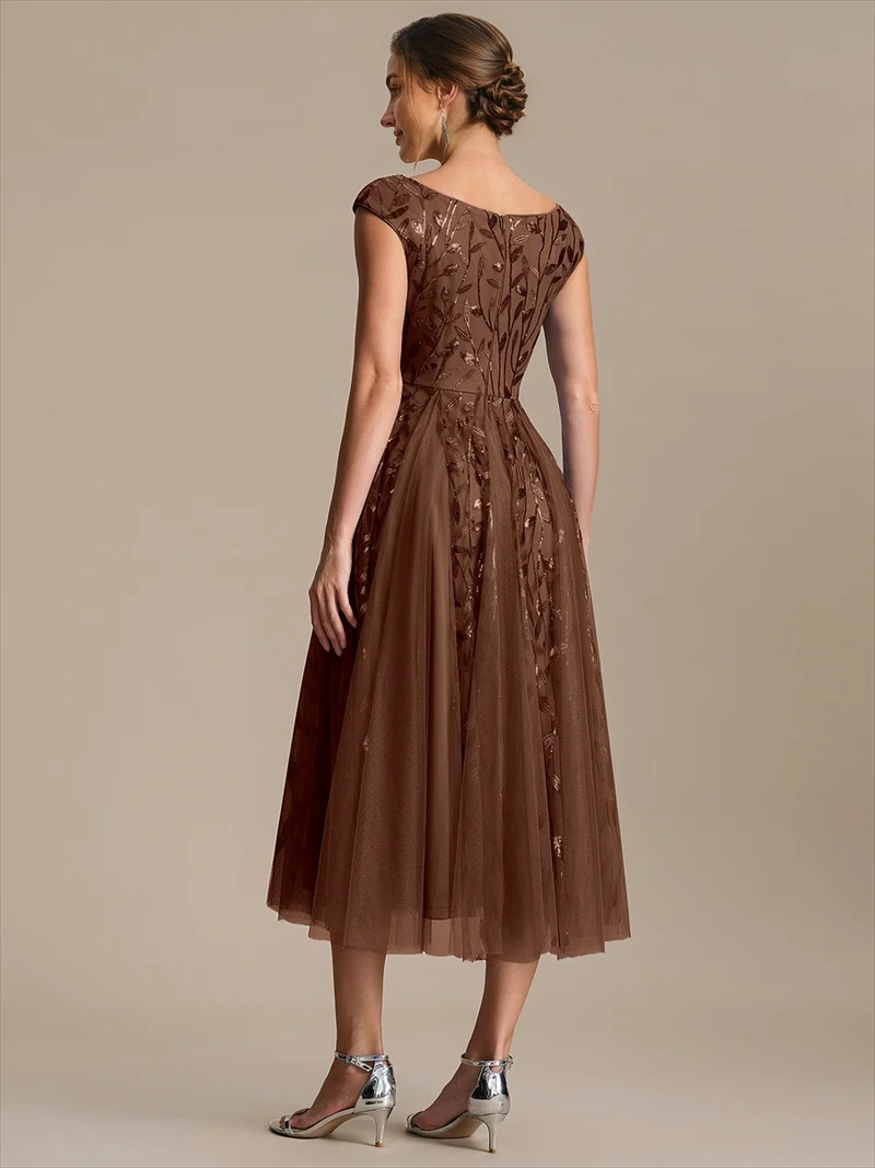 Robe midi sans manches col en V à sequins et coupe évasée