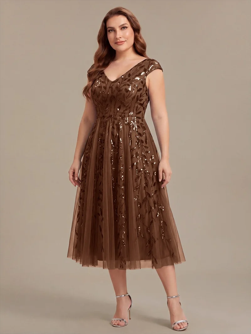 Robe midi sans manches col en V à sequins et coupe évasée