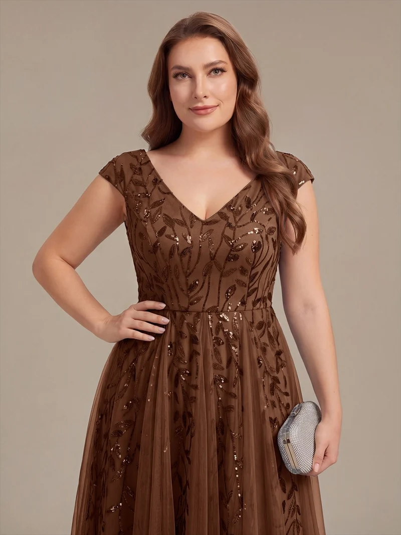 Robe midi sans manches col en V à sequins et coupe évasée