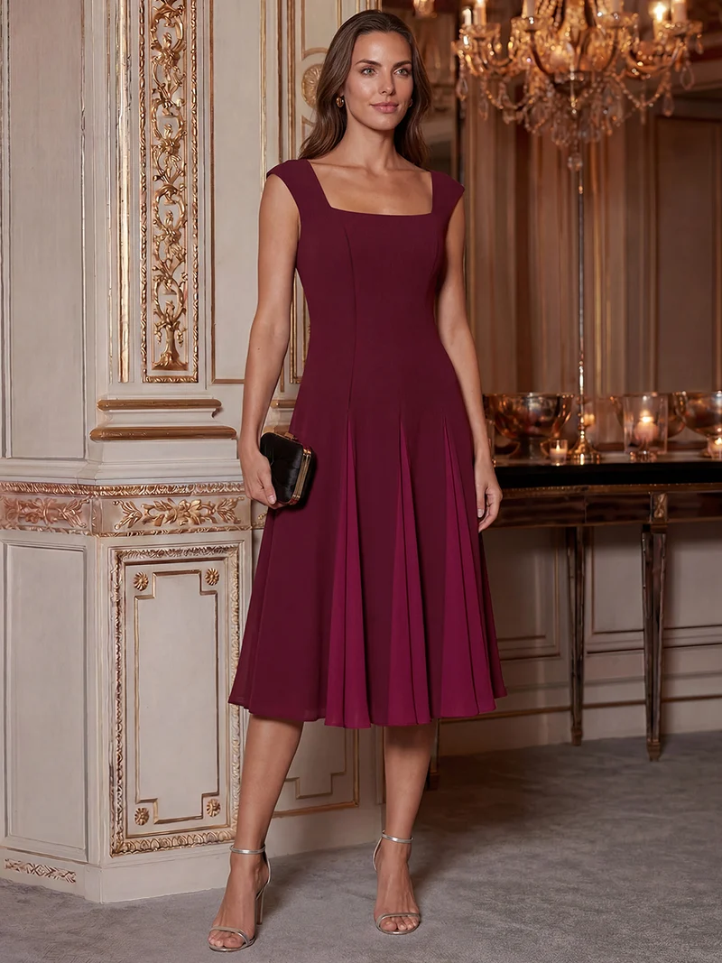 Robe midi de bal sans manches à encolure carrée extensible et patchwork