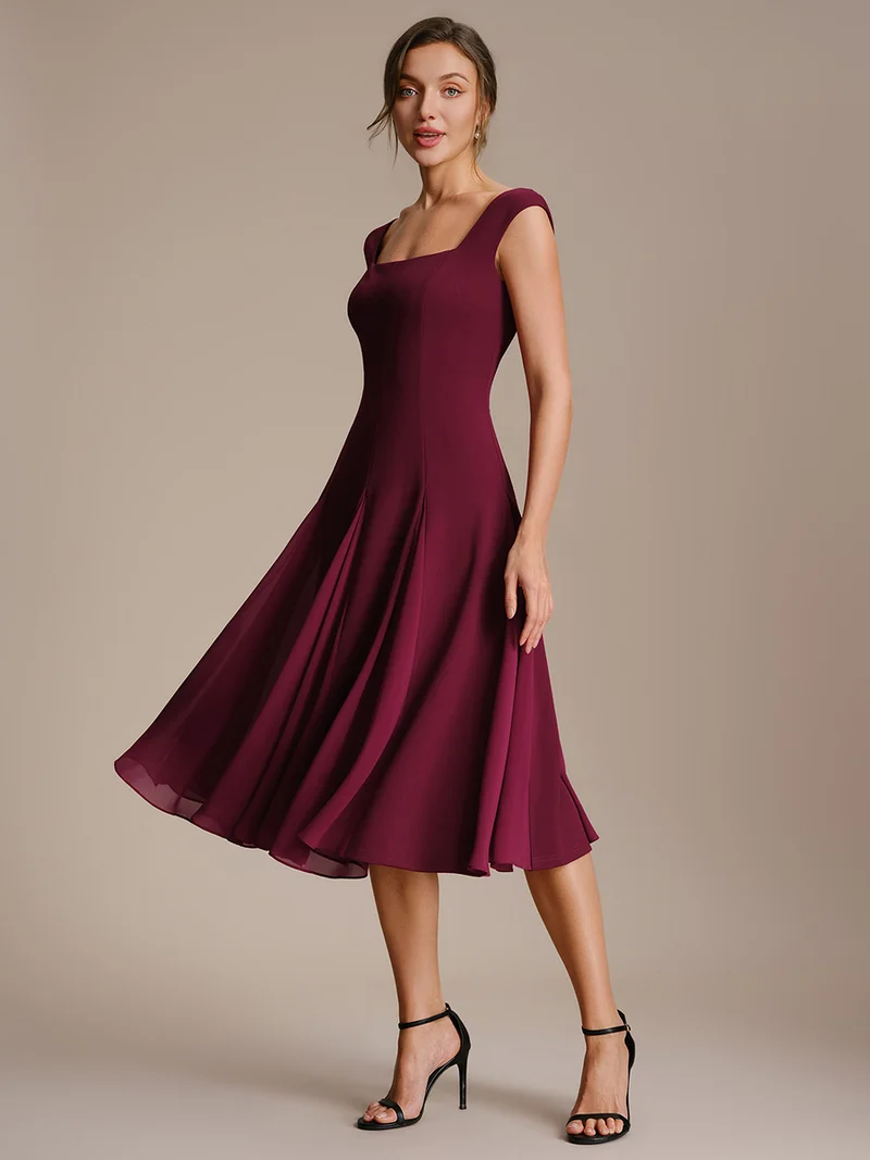 Robe midi de bal sans manches à encolure carrée extensible et patchwork