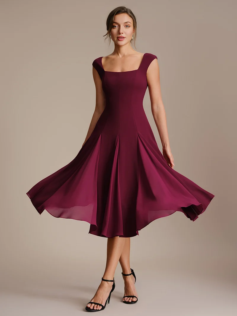Robe midi de bal sans manches à encolure carrée extensible et patchwork