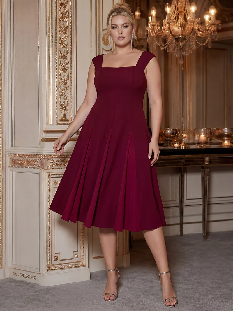 Robe midi de bal sans manches à encolure carrée extensible et patchwork