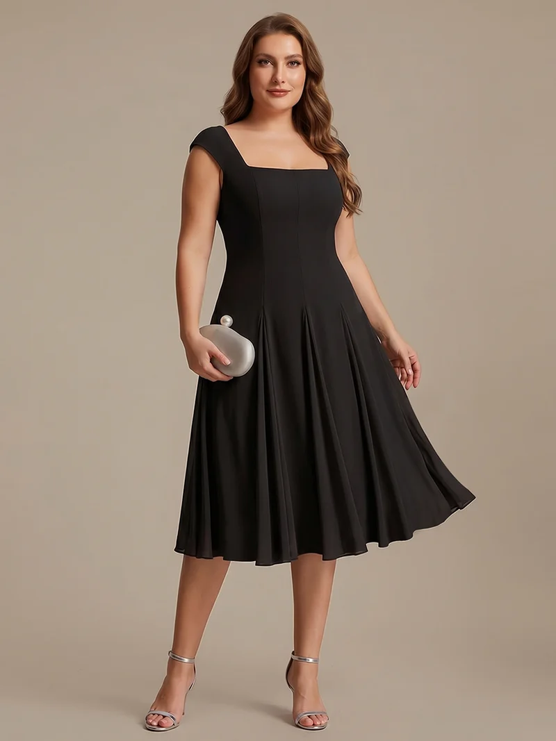Robe midi de bal sans manches à encolure carrée extensible et patchwork