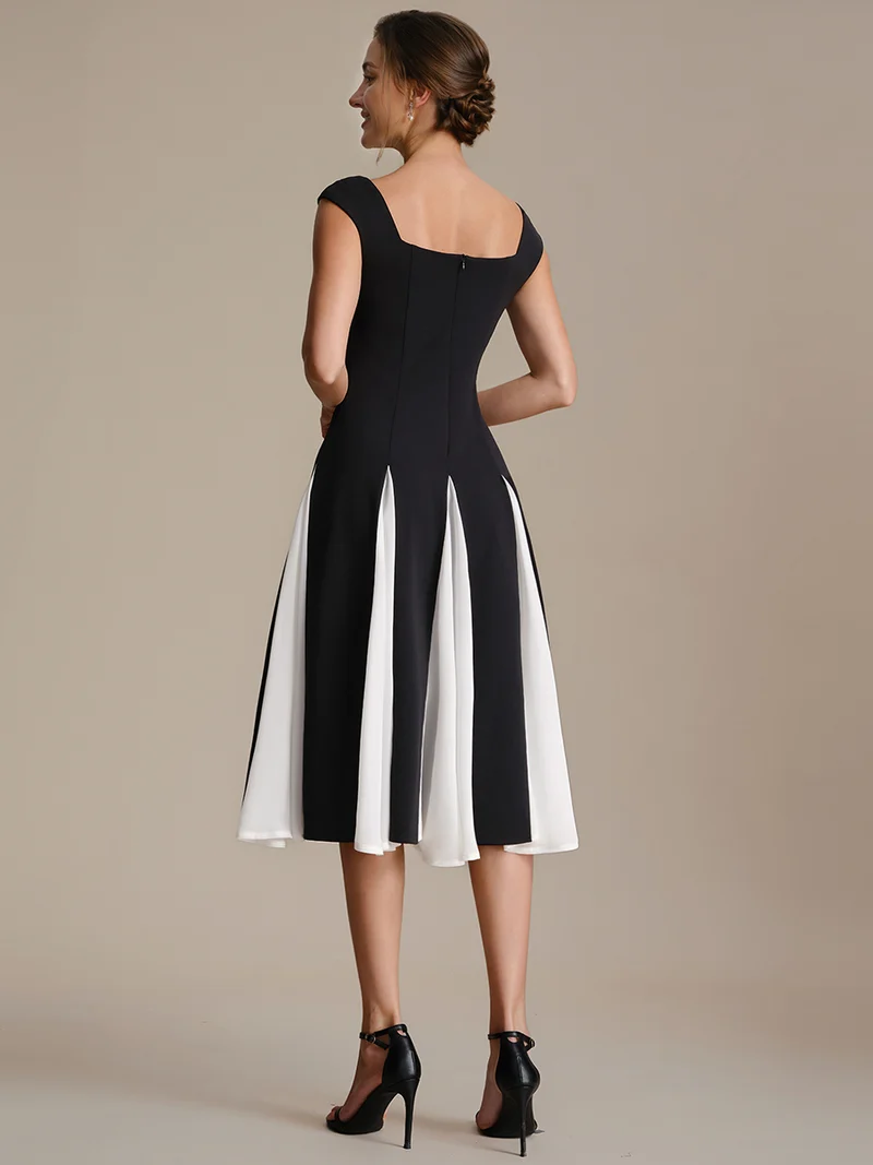 Robe midi de bal sans manches à encolure carrée extensible et patchwork