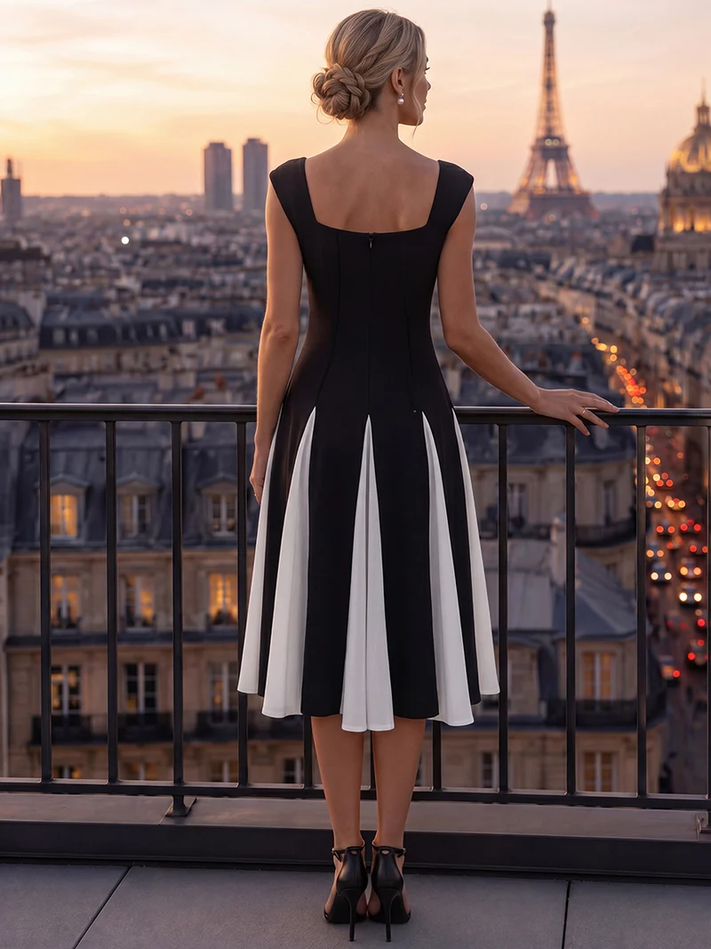 Robe midi de bal sans manches à encolure carrée extensible et patchwork