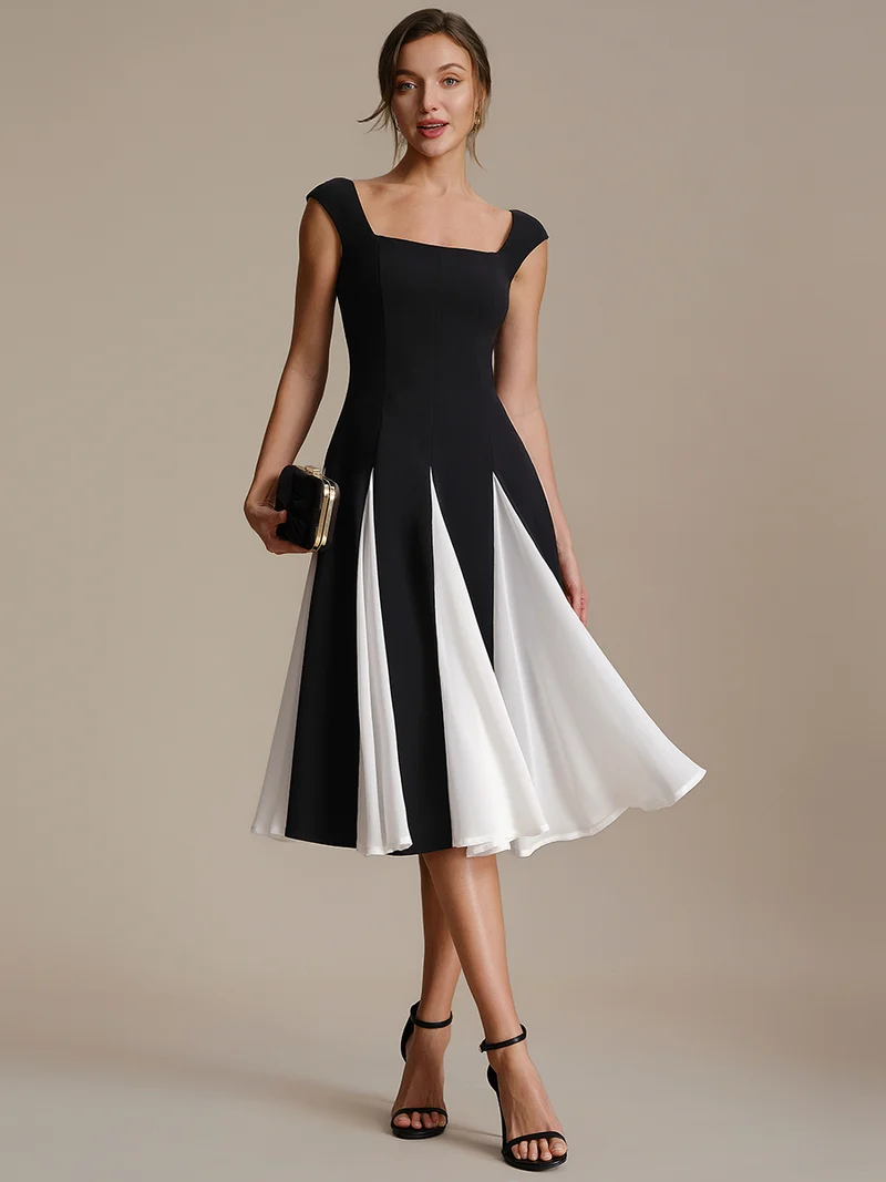 Robe midi de bal sans manches à encolure carrée extensible et patchwork