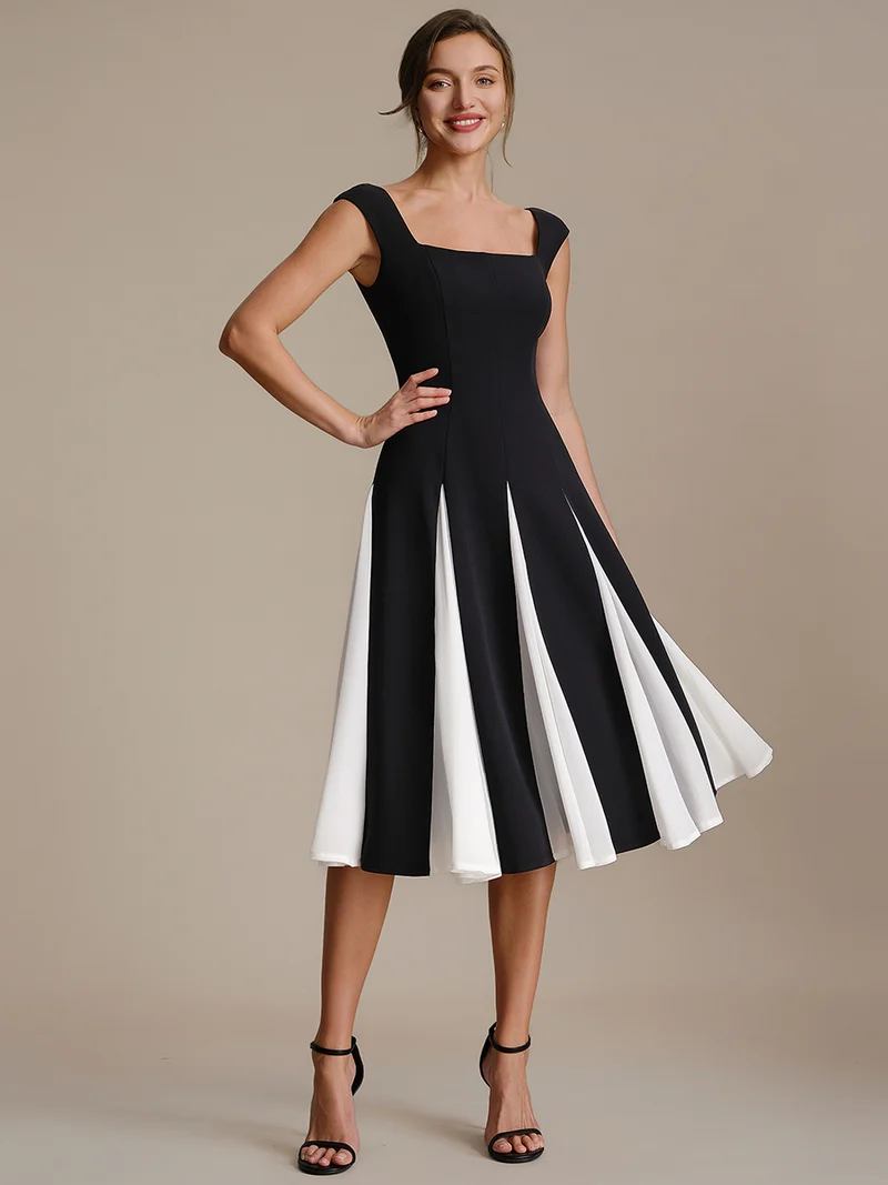 Robe midi de bal sans manches à encolure carrée extensible et patchwork