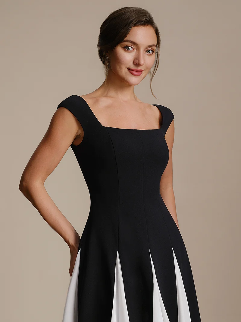 Robe midi de bal sans manches à encolure carrée extensible et patchwork
