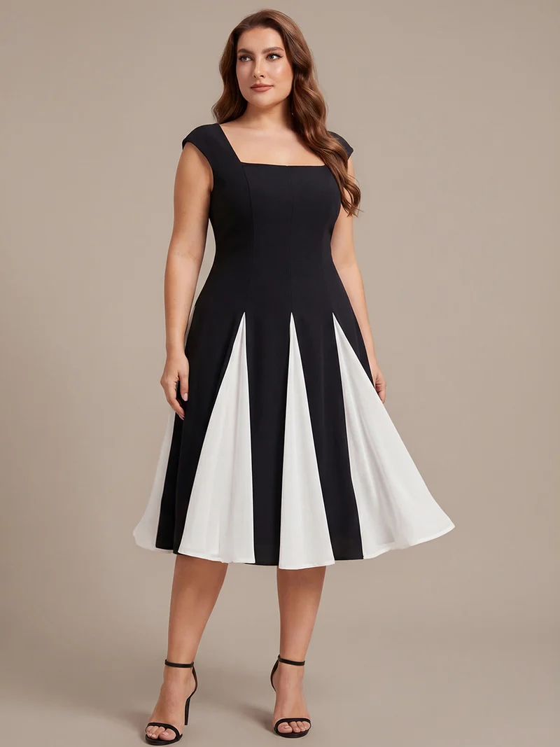 Robe midi de bal sans manches à encolure carrée extensible et patchwork