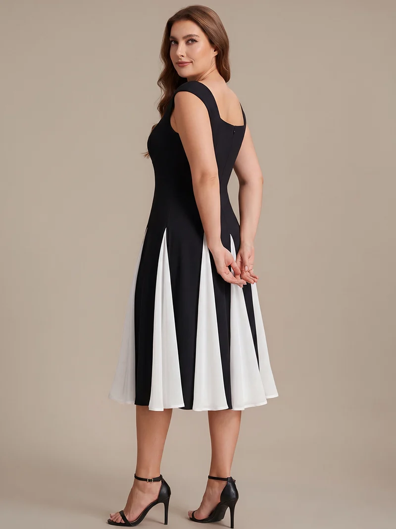 Robe midi de bal sans manches à encolure carrée extensible et patchwork