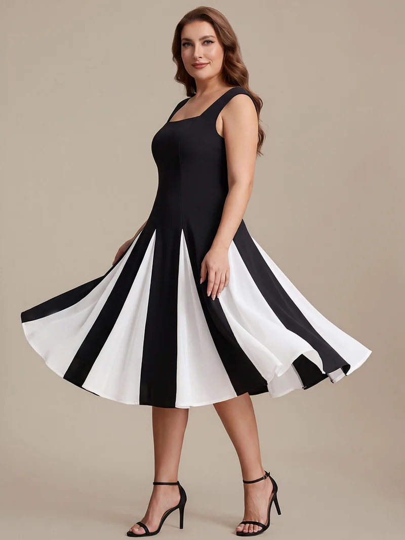 Robe midi de bal sans manches à encolure carrée extensible et patchwork