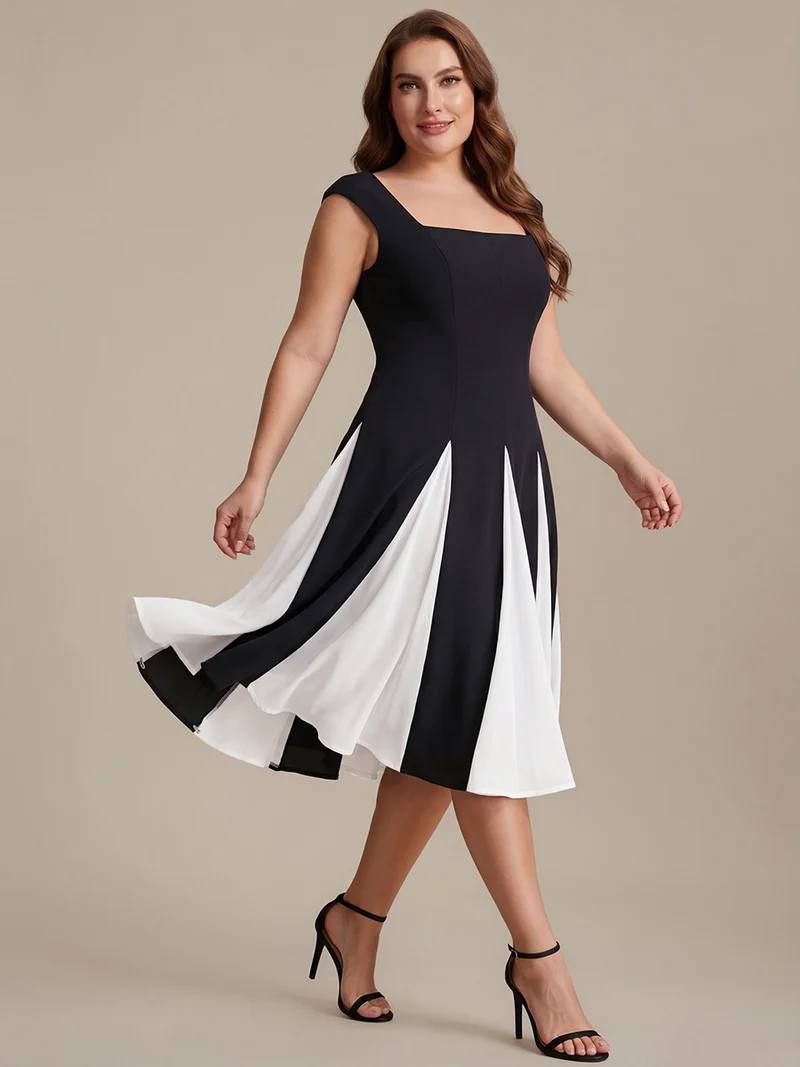 Robe midi de bal sans manches à encolure carrée extensible et patchwork