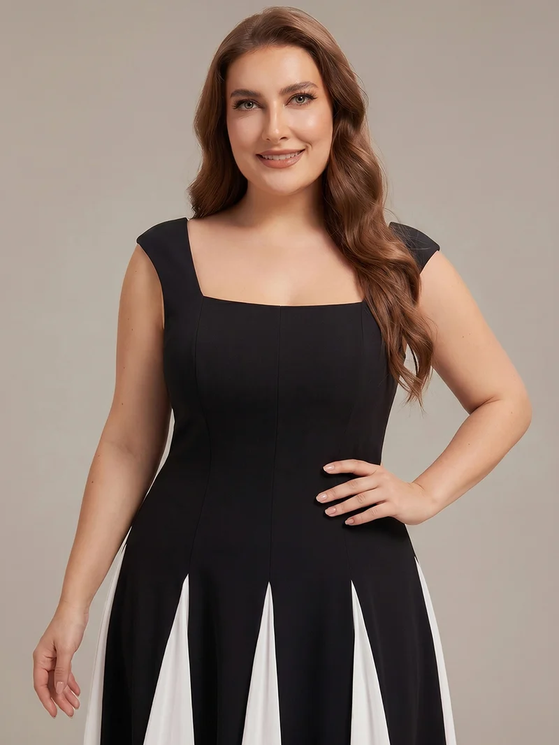 Robe midi de bal sans manches à encolure carrée extensible et patchwork