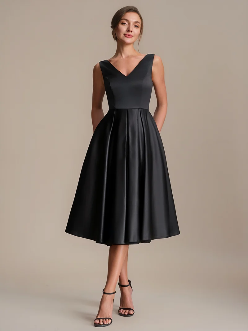 Robe midi de bal sans manches à volants plissée avec décolleté en V