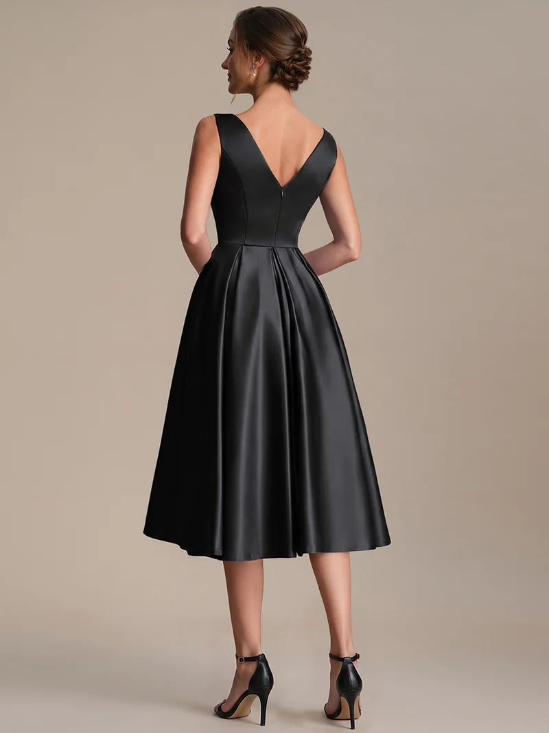 Robe midi de bal sans manches à volants plissée avec décolleté en V