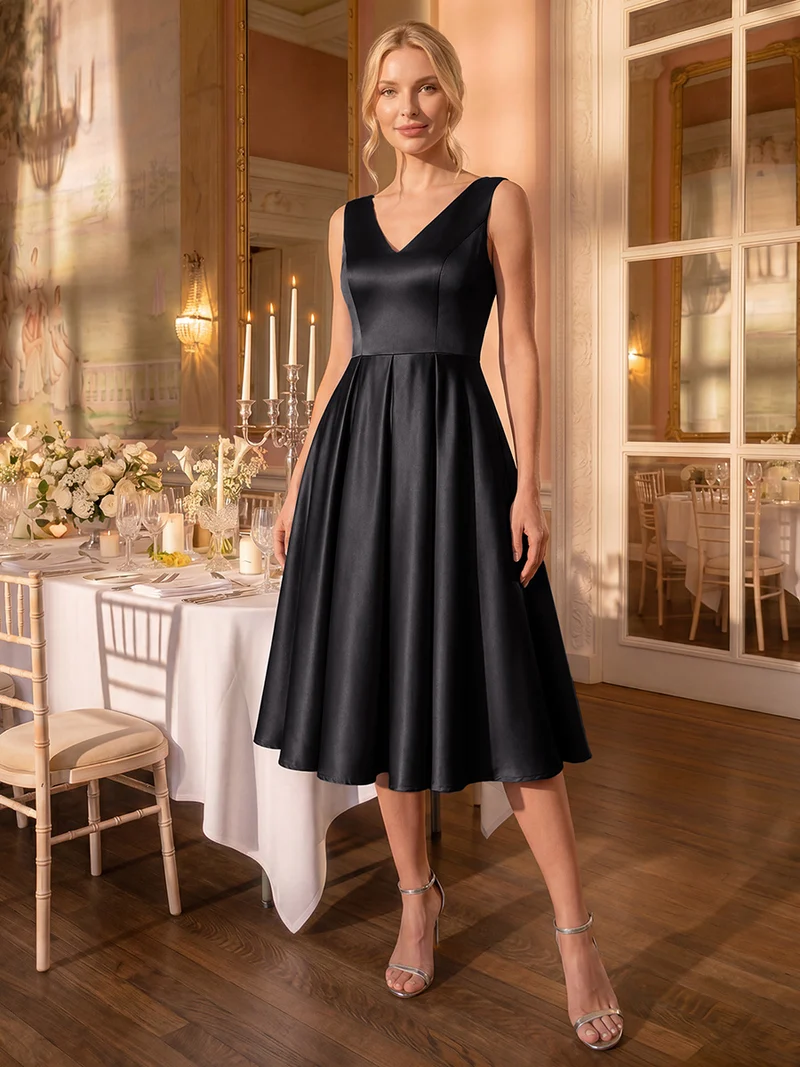 Robe midi de bal sans manches à volants plissée avec décolleté en V