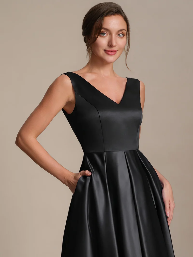 Robe midi de bal sans manches à volants plissée avec décolleté en V