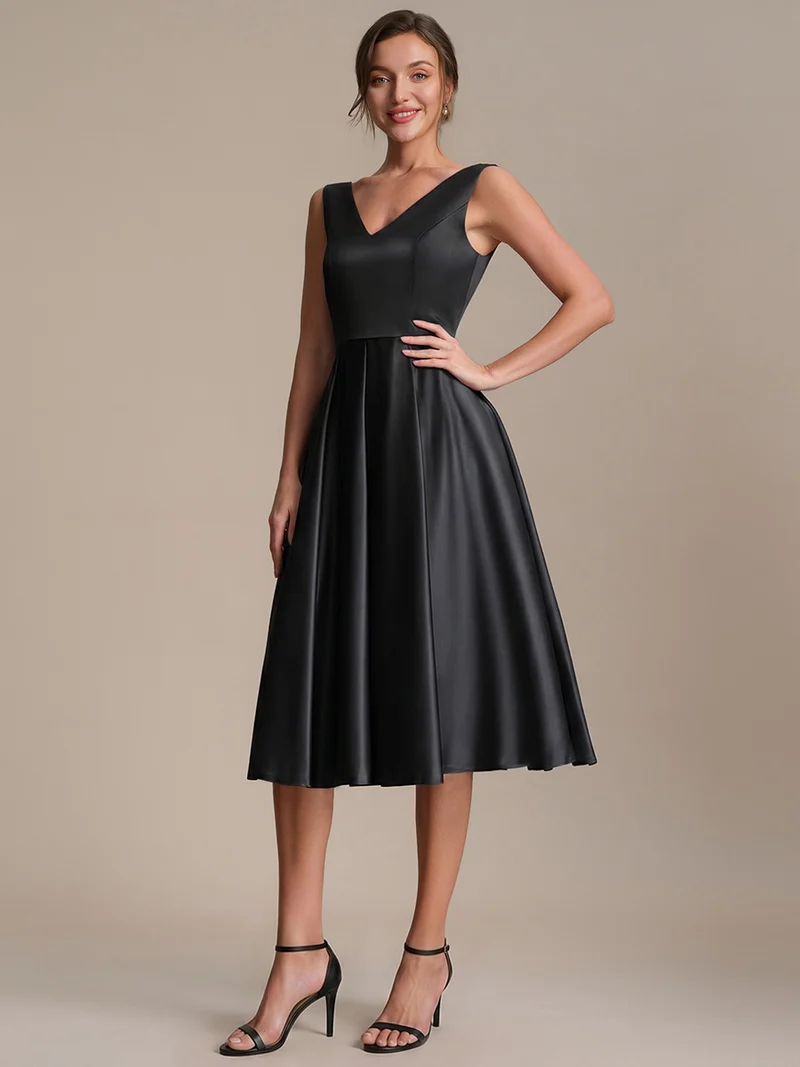 Robe midi de bal sans manches à volants plissée avec décolleté en V