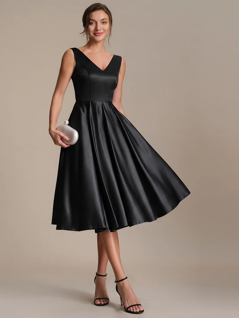 Robe midi de bal sans manches à volants plissée avec décolleté en V