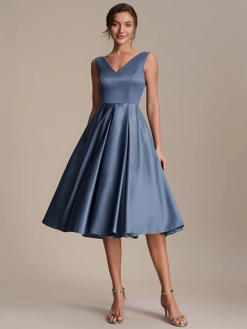 Robe midi de bal sans manches à volants plissée avec décolleté en V