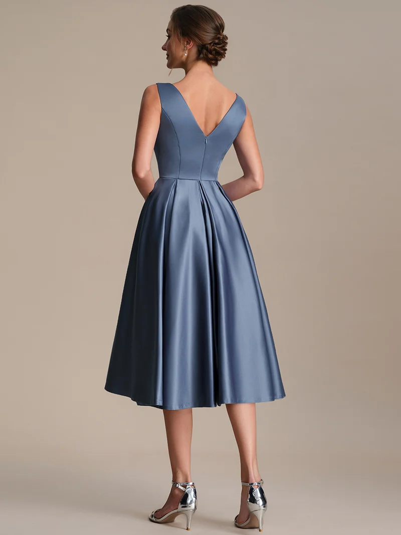 Robe midi de bal sans manches à volants plissée avec décolleté en V