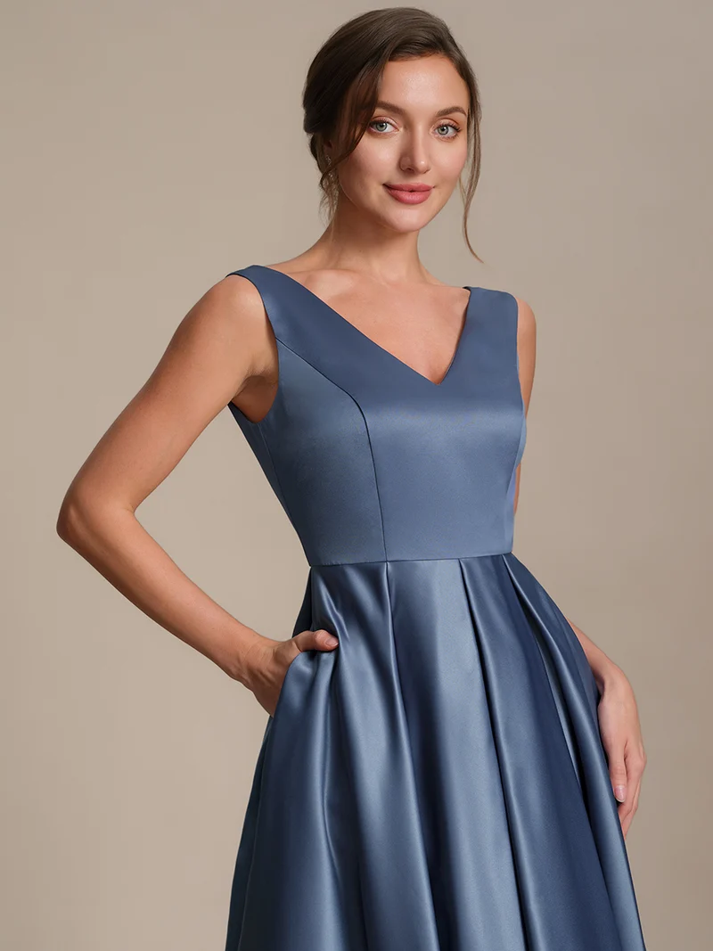 Robe midi de bal sans manches à volants plissée avec décolleté en V