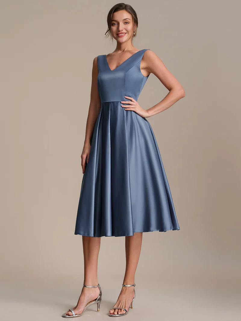 Robe midi de bal sans manches à volants plissée avec décolleté en V