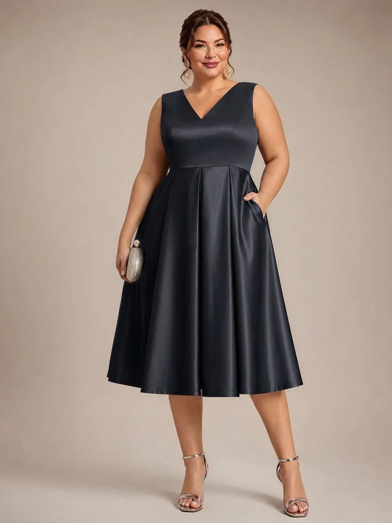 Robe midi de bal sans manches à volants plissée avec décolleté en V