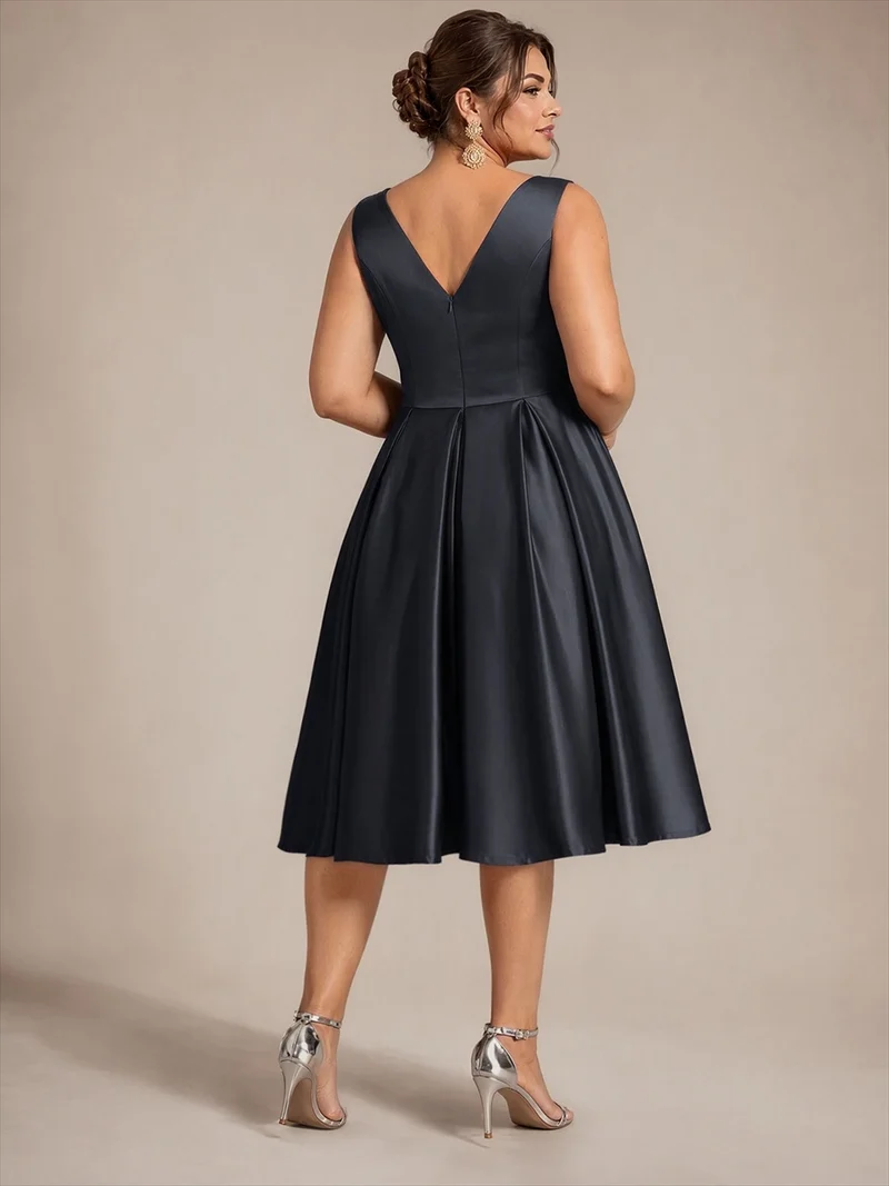 Robe midi de bal sans manches à volants plissée avec décolleté en V