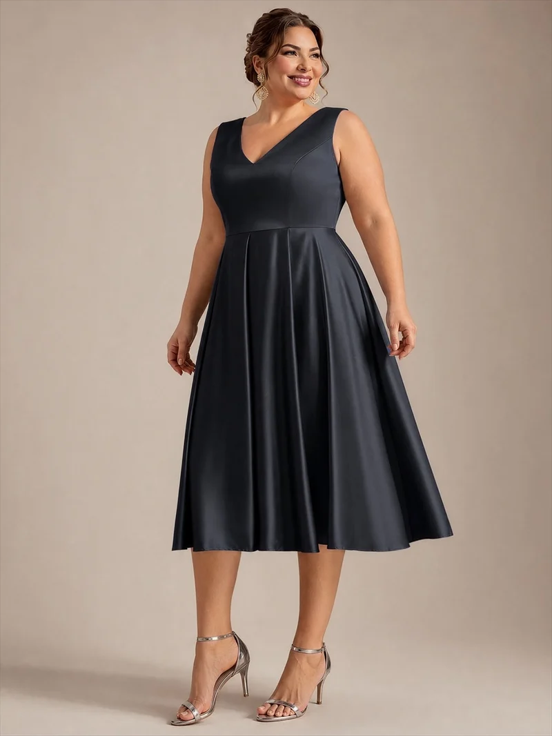 Robe midi de bal sans manches à volants plissée avec décolleté en V
