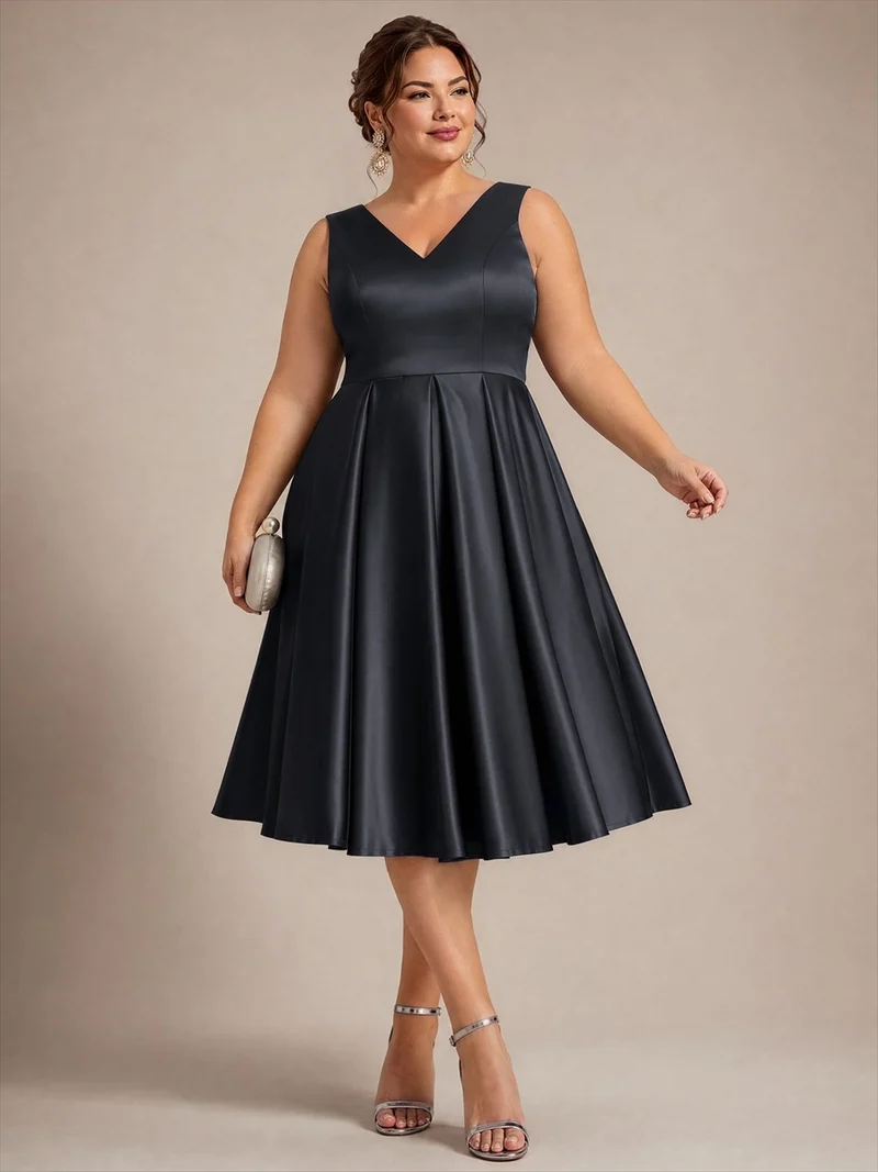 Robe midi de bal sans manches à volants plissée avec décolleté en V
