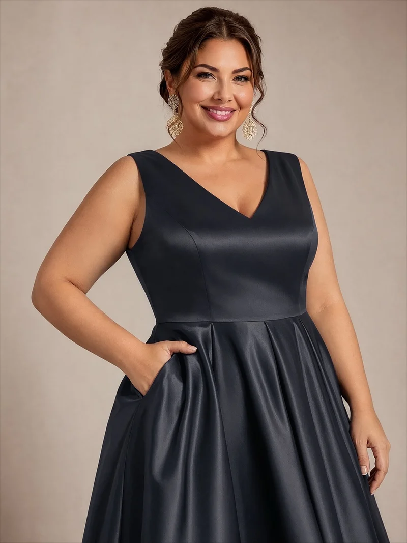 Robe midi de bal sans manches à volants plissée avec décolleté en V