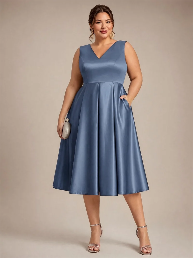 Robe midi de bal sans manches à volants plissée avec décolleté en V