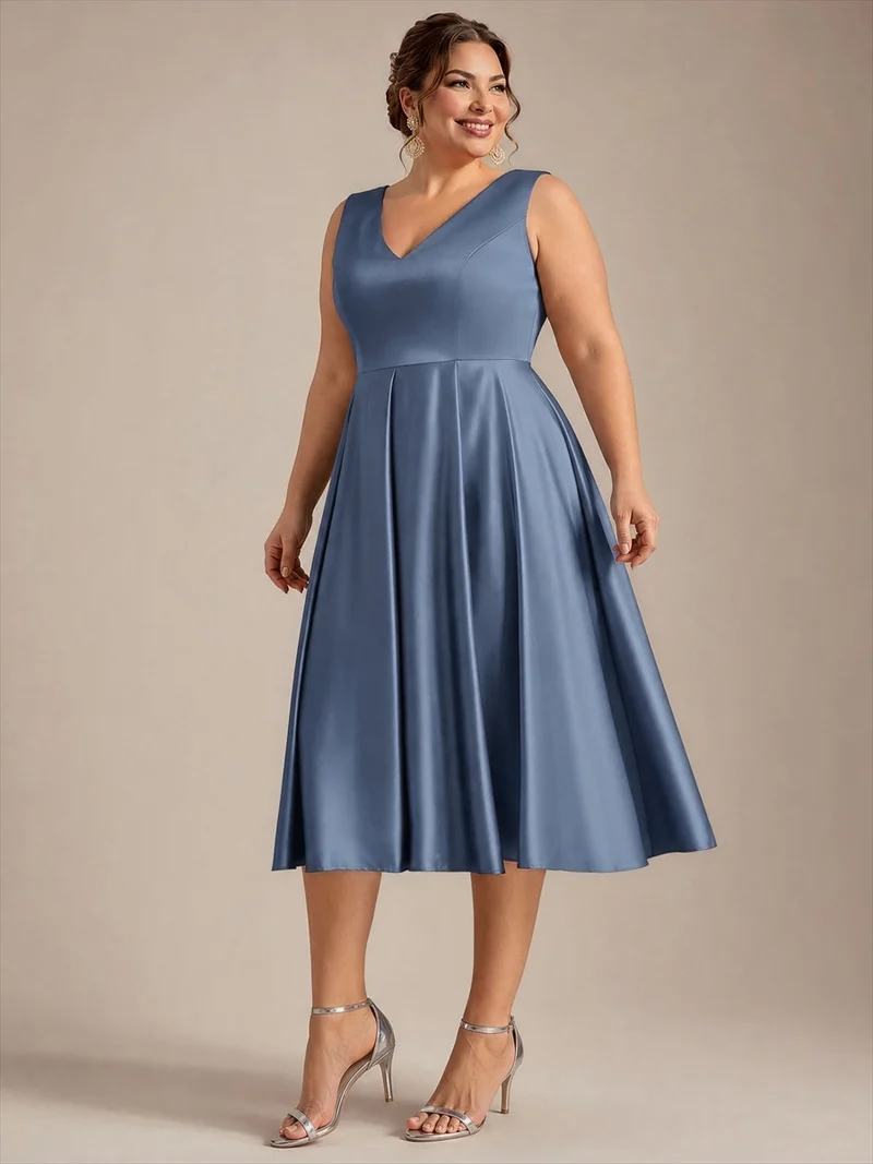 Robe midi de bal sans manches à volants plissée avec décolleté en V