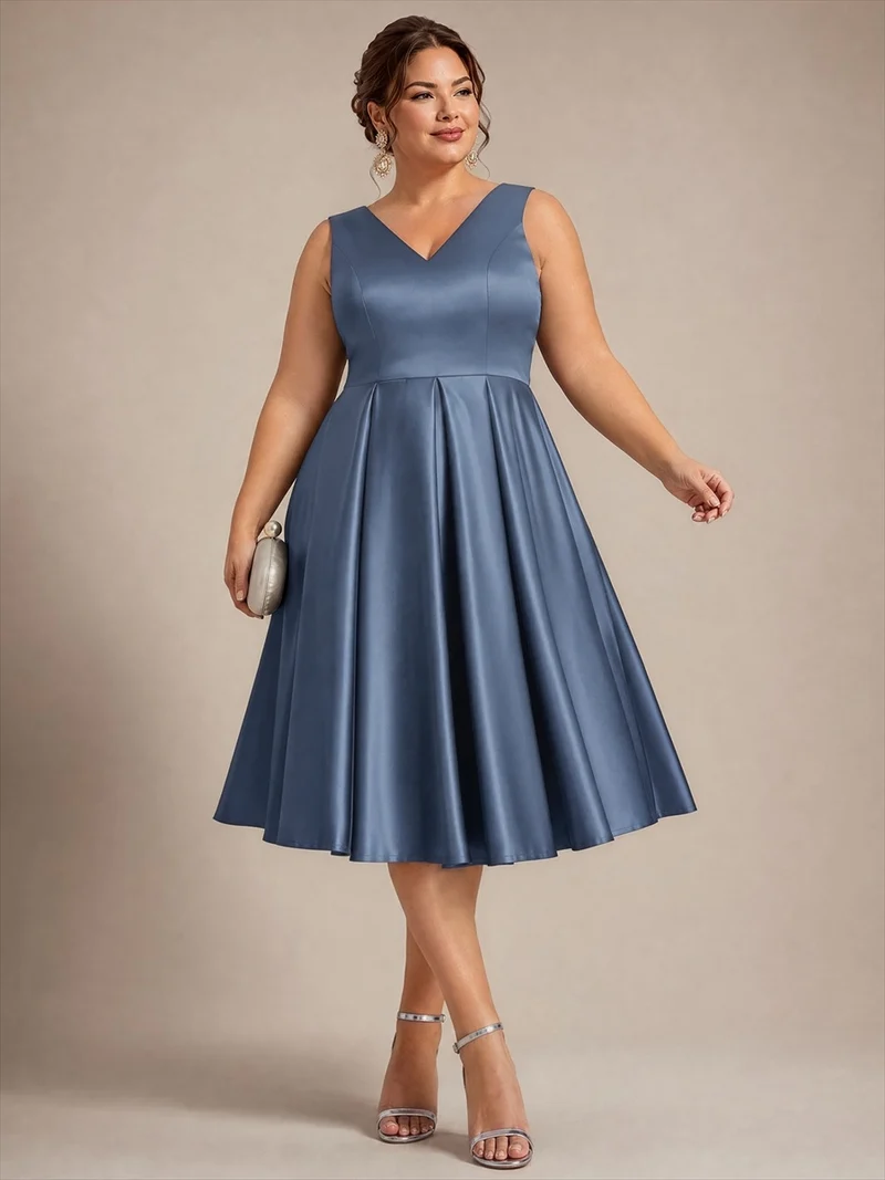 Robe midi de bal sans manches à volants plissée avec décolleté en V