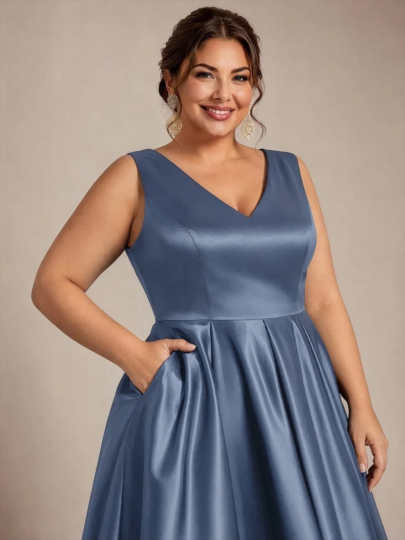 Robe midi de bal sans manches à volants plissée avec décolleté en V