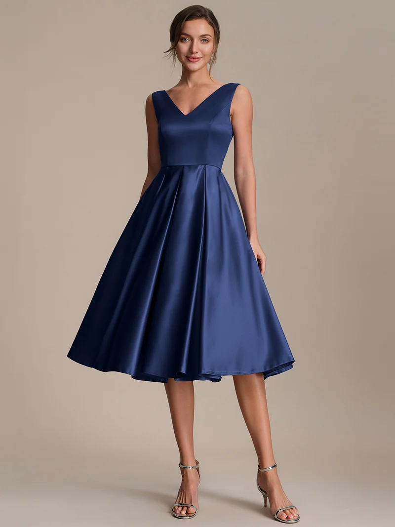 Robe midi de bal sans manches à volants plissée avec décolleté en V