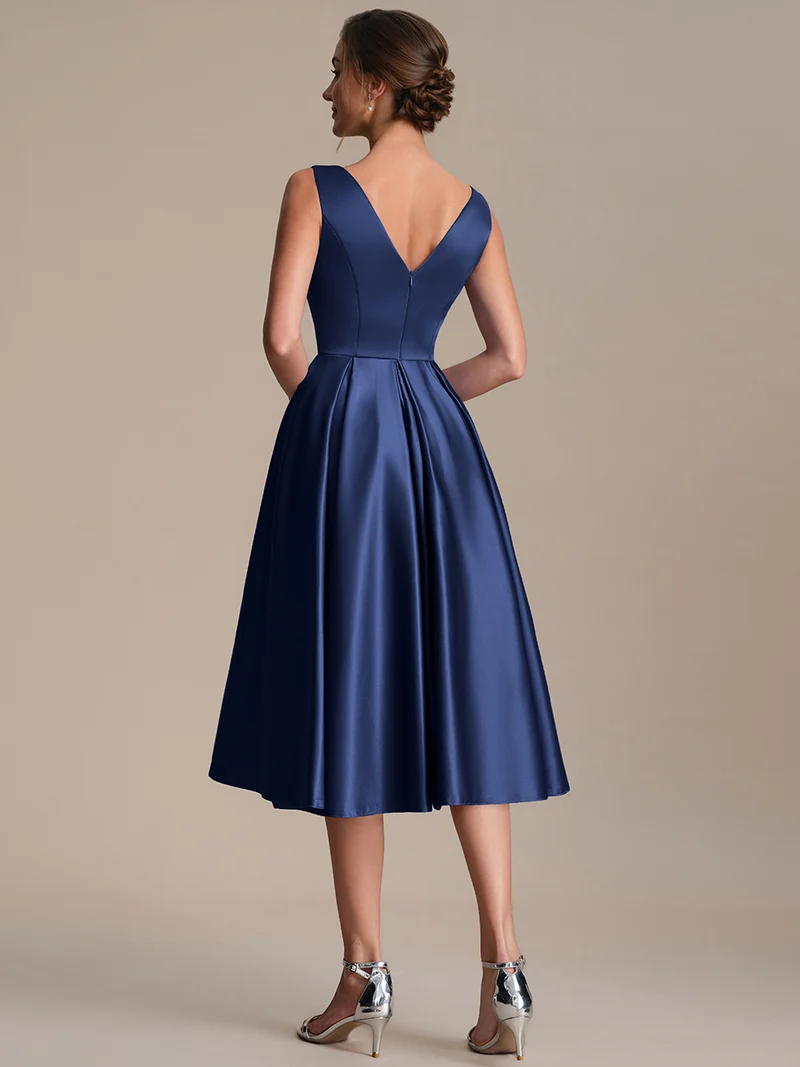 Robe midi de bal sans manches à volants plissée avec décolleté en V