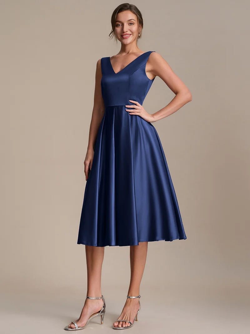 Robe midi de bal sans manches à volants plissée avec décolleté en V