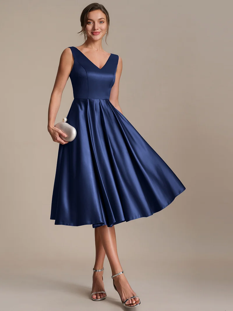 Robe midi de bal sans manches à volants plissée avec décolleté en V